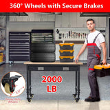 Workbench 48 x 24 Adjustable Height Worktable, Heavy Duty Rubber Wood Top, 2000 LBS Load Capacity, Tool Storage Workstation with Drawer, Pegboard, Power Outlets & Lockable Wheels IDEALHOUSE