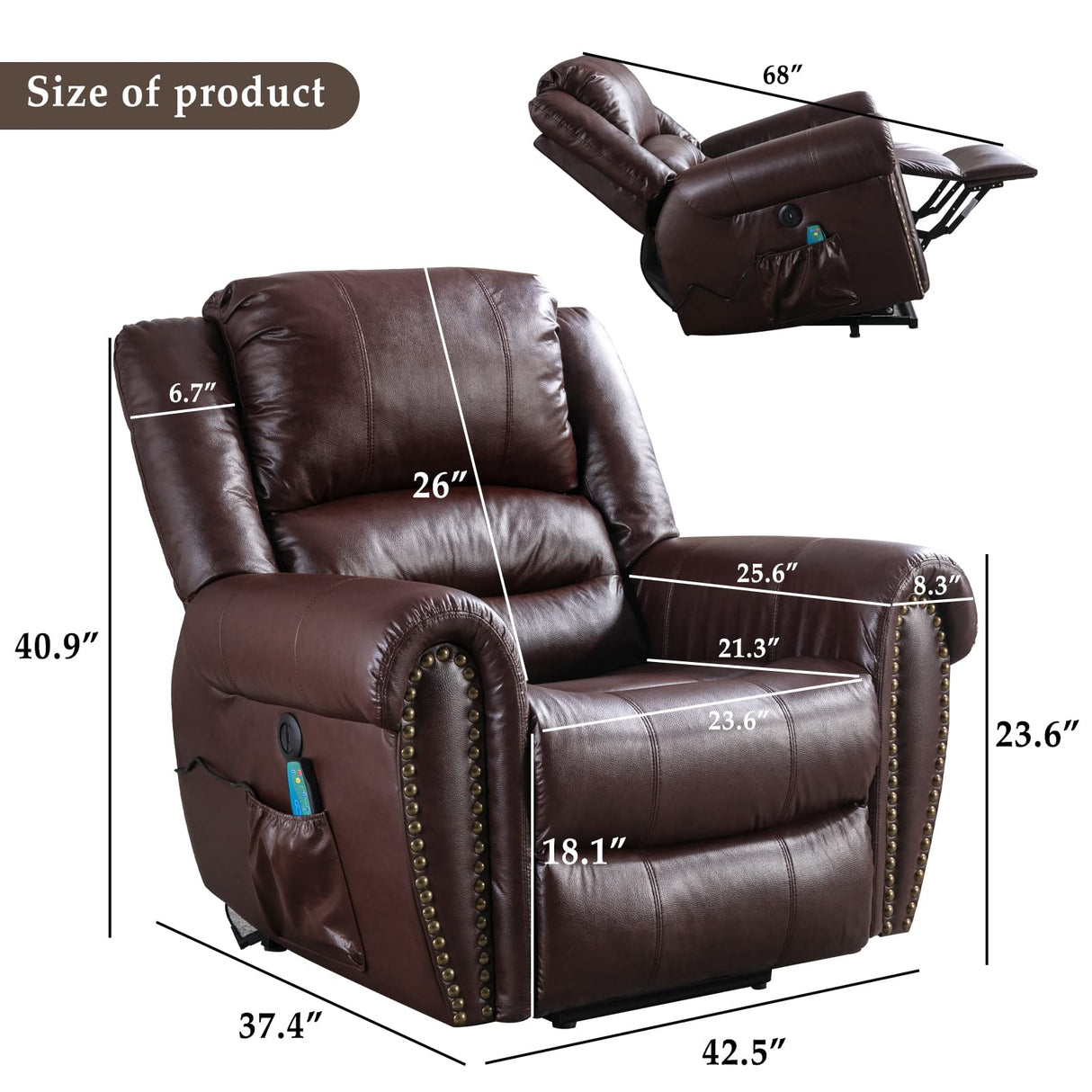 ANJ Large Power Lift Recliner Chairs with Massage and Heat, Faux Leather Electric Lift Chairs for Elderly People, Recliners for Big and Tall Man, Single Lounge Sofa with USB Port (Red Brown) ANJ