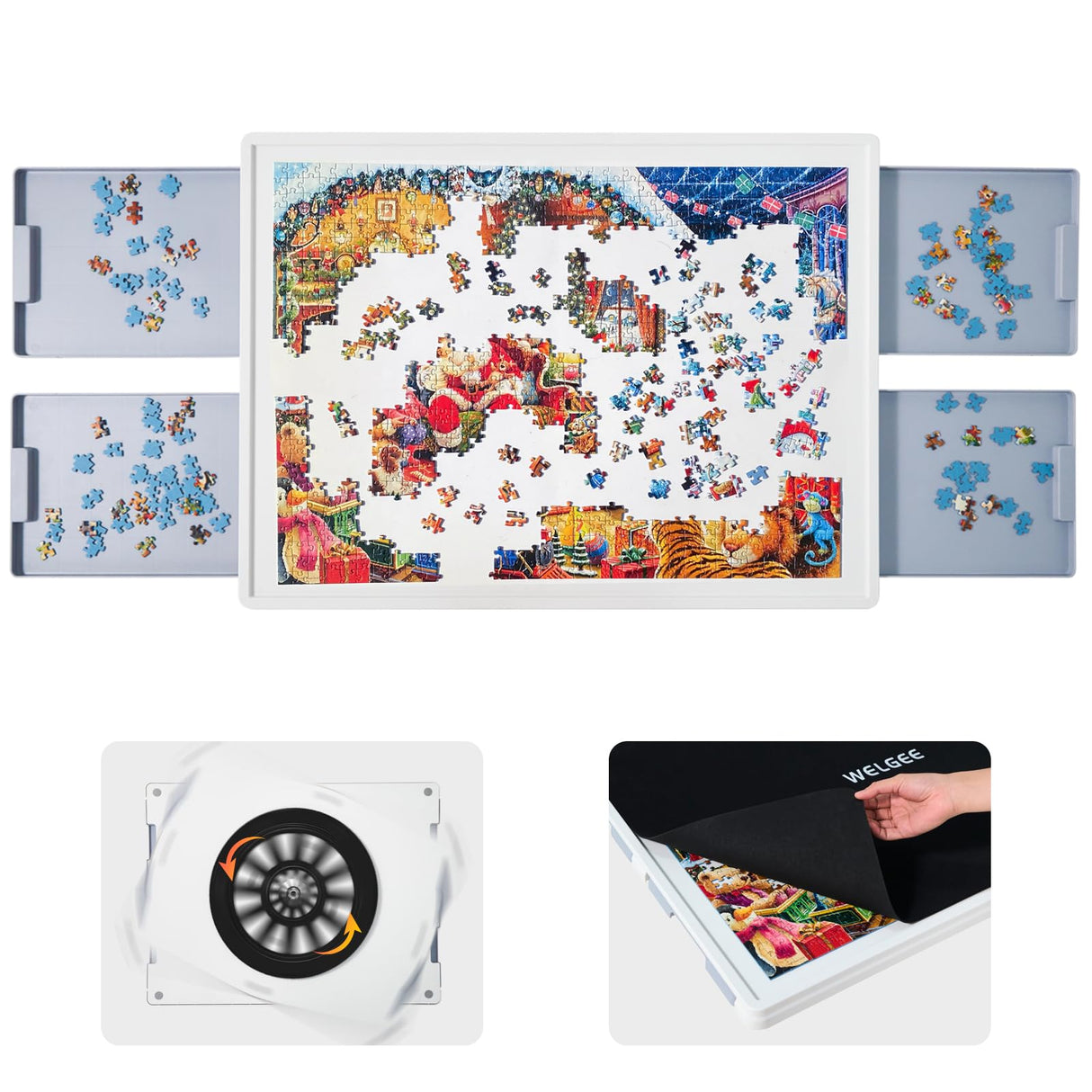WELGEE Rotating Puzzle Board with Drawers 1000 Pieces,Upgraded Lazy Susan Spinning Jigsaw Puzzle Organizer Table (31"x 23") with Puzzle Mat, Premium ABS Plastic, Ideal Gift WELGEE