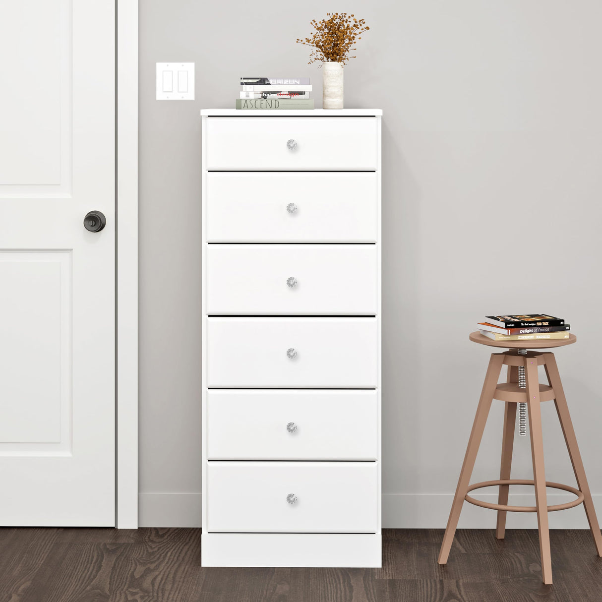 Prepac Astrid Simplistic 6-Drawer Tall Dresser for Bedroom, Functional Chest of Drawers with Acrylic Knobs, 16.5"D x 19.75"W x 50"H, White Prepac