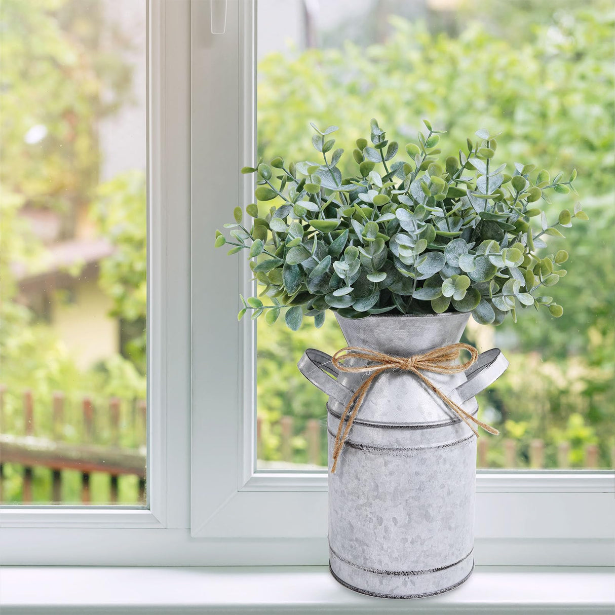 Winlyn Farmhouse Galvanized Metal Milk Can with Artificial Eucalyptus Greenery Arrangement Fake Plants Farmhouse Centerpieces 11.8" Tall for Rustic Country Wedding Home Table Tiered Tray Shelf Décor Winlyn