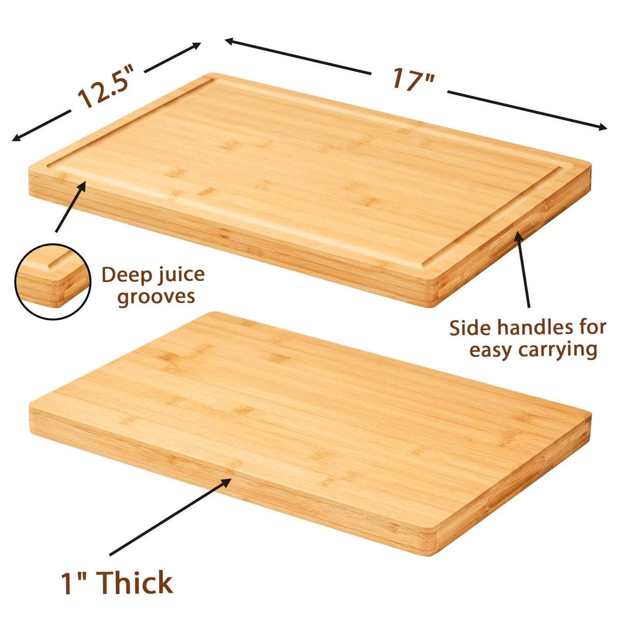 Large Bamboo Wood Cutting Boards for Kitchen, 1" Thick Charcuterie Boards, Butcher Block with Juice Grooves & Handles Allsum
