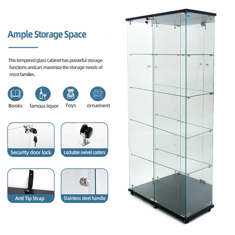 Glass Display Cabinet with LED Lights,Mirrored Back, 2 Doors 4-Tiers Curio Cabinets with Lock&Wheels, Floor Standing Glass Bookshelf Collectibles Toys Display Case for Living Room Office, Black Goujxcy
