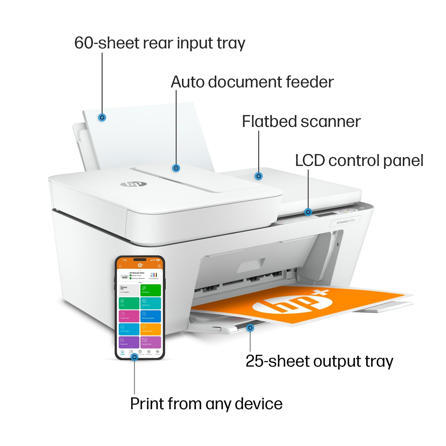 HP DeskJet 4155e Wireless Color Inkjet Printer, Print, scan, copy, Easy setup, Mobile printing, Best-for home, 3 months of Instant Ink included,white