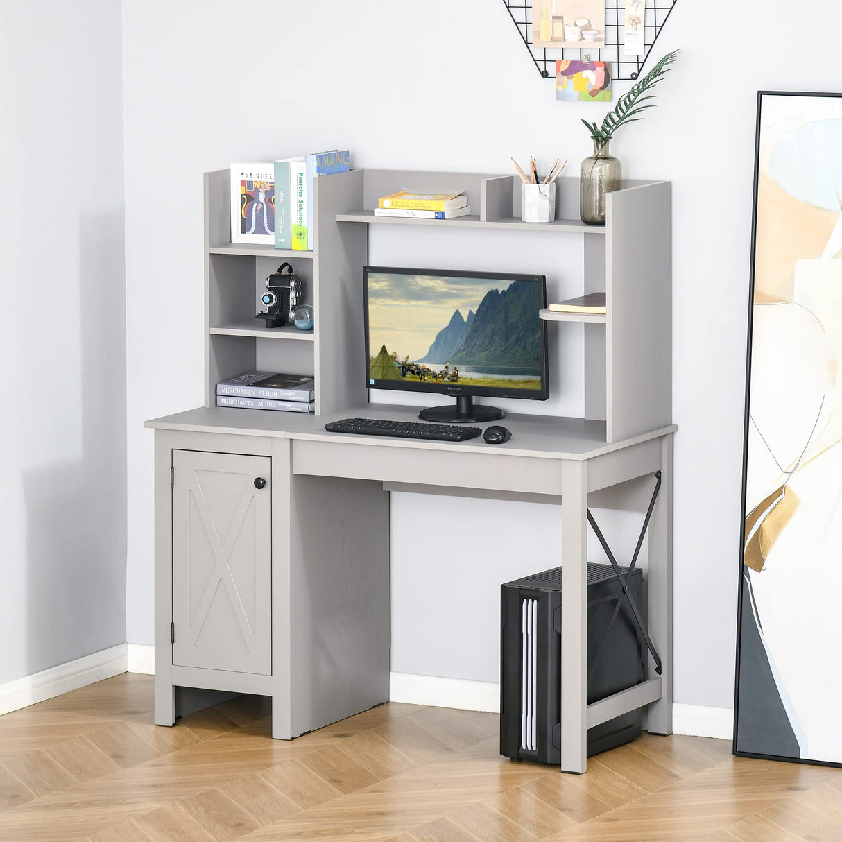 HOMCOM Farmhouse Computer Desk with Hutch and Cabinet, Home Office Desk with Storage, for Study, Light Grey HOMCOM