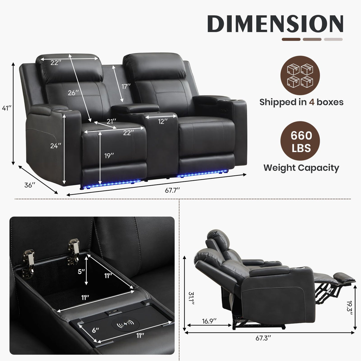 Neptane Power Reclining Loveseat with Console/Wireless Charging, Power Loveseat Recliner Sofa with Power Headrest/LED Light/Armrest Storage, Wall Hugger Reclining Loveseat(Dark Grey, 2 Seater) Neptane