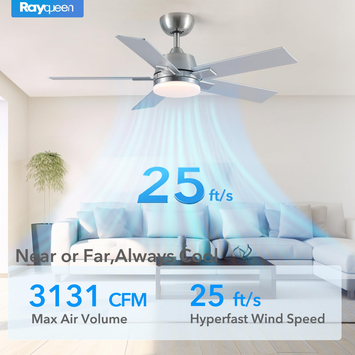 42 Inch Ceiling Fans with Lights and Remote, Brushed Nickel Ceiling Fan, 6 Speed Reversible DC Motor, 3CCT Dimmable LED, Modern Design for Bedroom, Living Room & Covered Outdoor,Includes Downrod Rayqueen