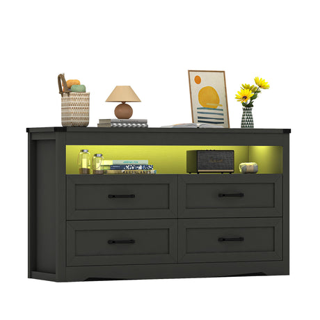 HUANLEGO Black Dresser for Bedroom with LED Lights, Modern Black Dressers Chest of Drawers Bedroom Wood Dresser Rustic Wide Storage Drawers Dressers Organizer for Closet, Living Room, Hallway HUANLEGO