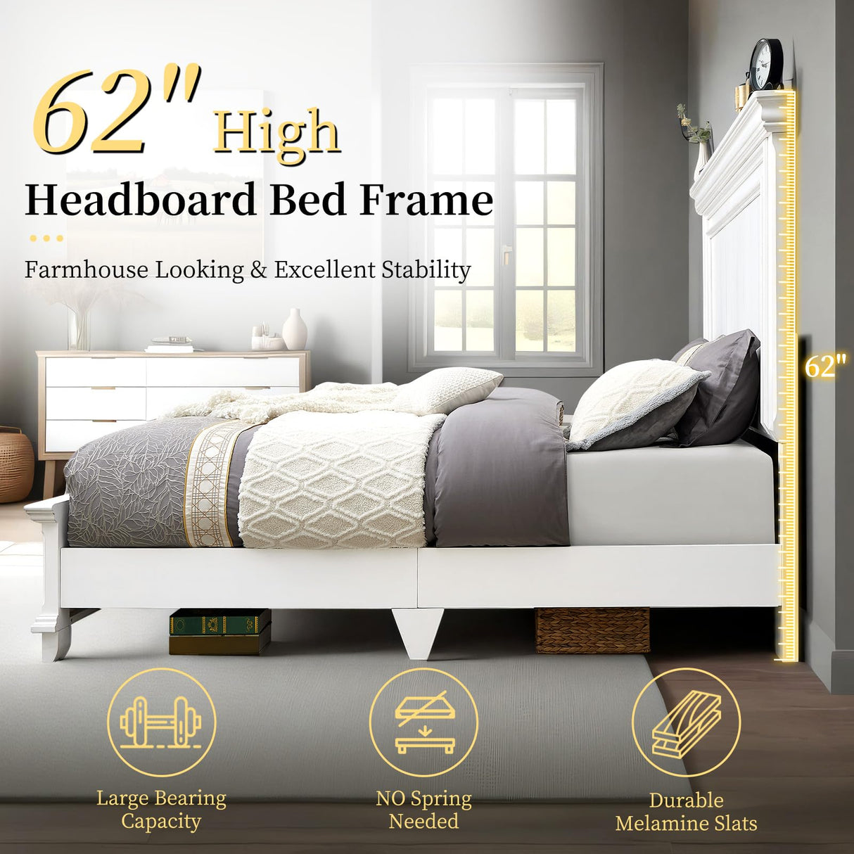 YUMPIE Farmhouse King Size Wood Bed Frame with Headboard and Footboard, No Box Spring Needed, Rustic Platform Bed with 12 Wood Slats Support, Distressed White YUMPIE