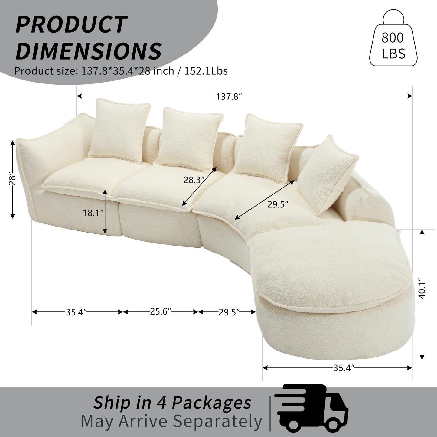 137.8” Curved Boucle Sofa Couch, Modern Sectional Sofa Cloud Deep Seat Couch with 4 Pillows, Comfy Modular 5-Seat Couches for Living Room Apartment (Beige)