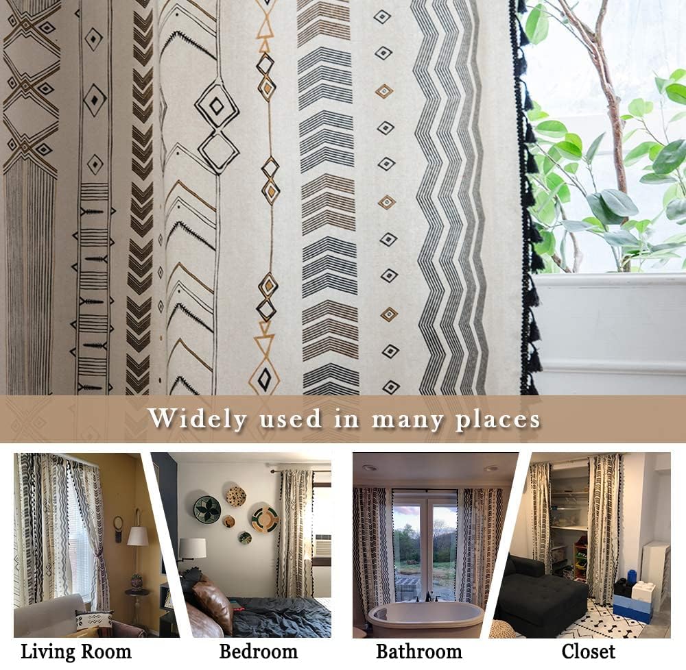 ColorBird Boho Curtains 108 Inches 2 Panels Semi-Blackout Black and White Curtains Cotton Linen Darkening Curtains with Black Tassel Rod Pocket Drapes for Living Bedroom, 59W x 108L Inch, 1 Pair ColorBird