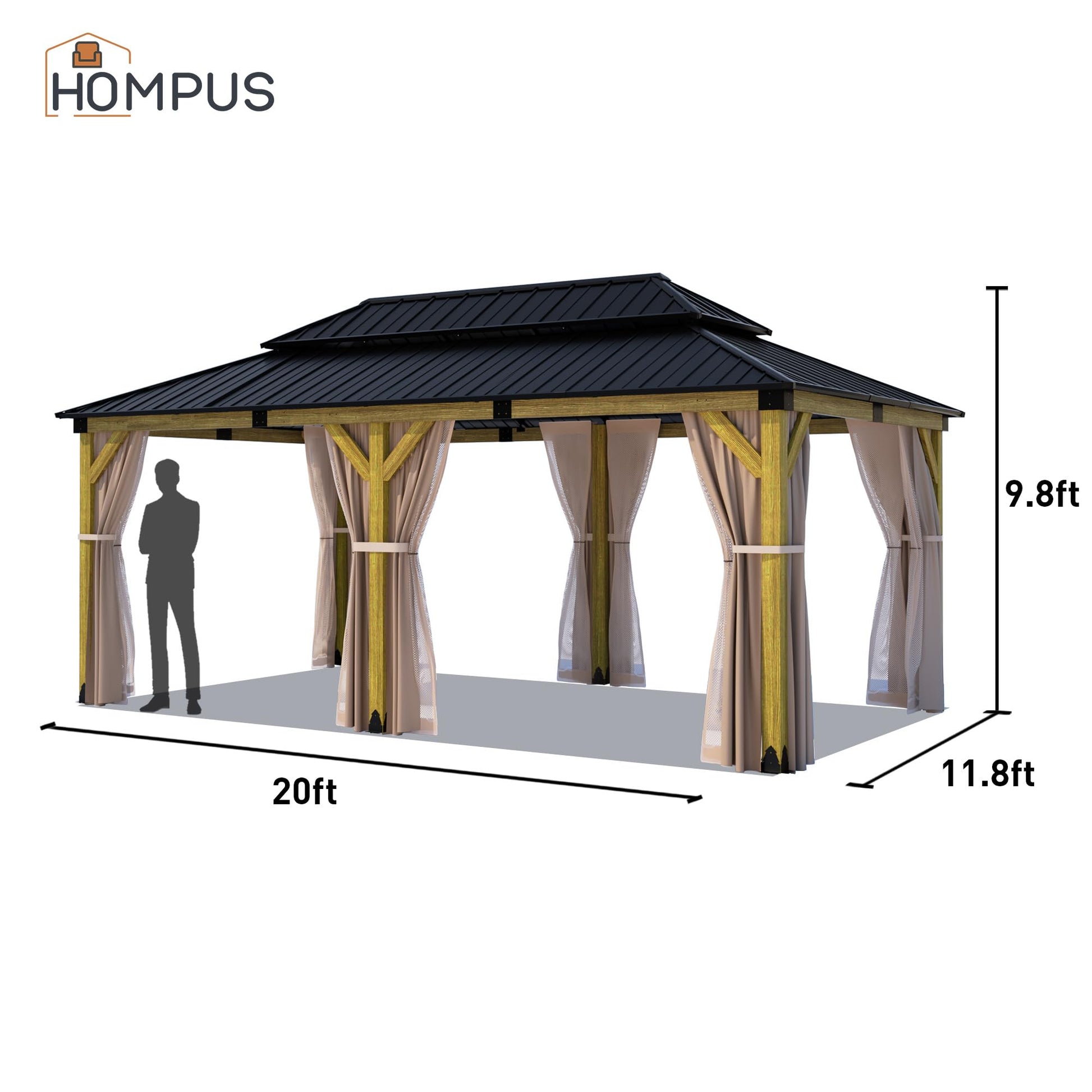 HOMPUS 12x20 FT Hardtop Wood Gazebo, Cedar Wood Frame Gazebo with Double Metal Roof, Outdoor Gazebo with Netting & Curtains, Wooden Gazebos Pavilion for Backyard, Garden, Deck, Cedar - WoodArtSupply