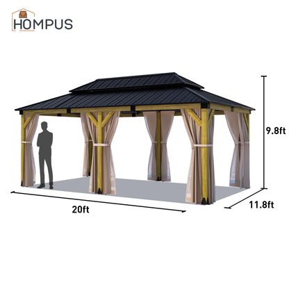 HOMPUS 12x20 FT Hardtop Wood Gazebo, Cedar Wood Frame Gazebo with Double Metal Roof, Outdoor Gazebo with Netting & Curtains, Wooden Gazebos Pavilion for Backyard, Garden, Deck, Cedar - WoodArtSupply