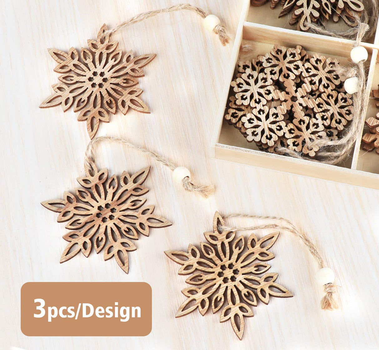 ilauke 12pcs Wooden Snowflakes Decorations 3 inch Christmas Ornaments Wood Hanging Ornament Rustic Farmhouse Christmas Craft Supplies ilauke
