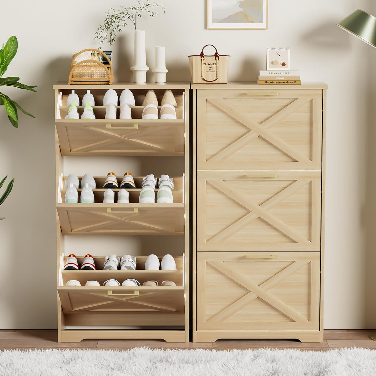 ROMMAK Shoe Cabinet for Entryway with 3 Flip Drawers, 3 Tier Freestanding, Slim Narrow Shoe Organizer Cabinet for Entryway, Hallway, Living Room (Natural Wood) ROMMAK