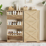 ROMMAK Shoe Cabinet for Entryway with 3 Flip Drawers, 3 Tier Freestanding, Slim Narrow Shoe Organizer Cabinet for Entryway, Hallway, Living Room (Natural Wood) ROMMAK