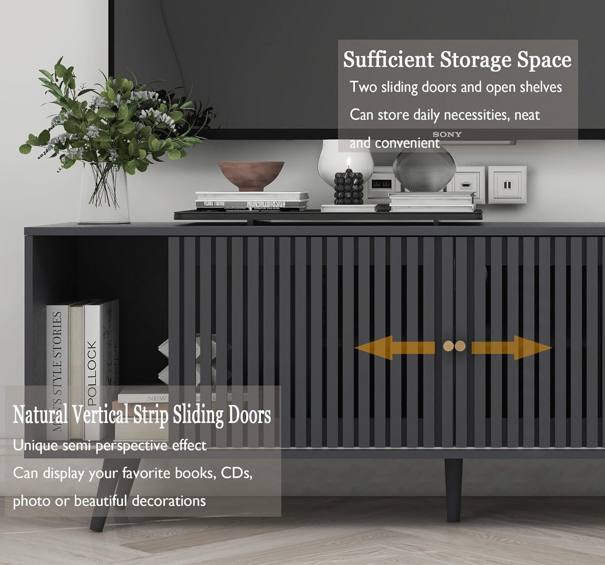 Fsbecl TV Stand for TVs up to 70'',Mid Century Modern TV Stand, with Sliding Doors and Open Shelf, Entertainment Center with Storage,Television Stands,Media Console for Living Room,Black Fsbecl