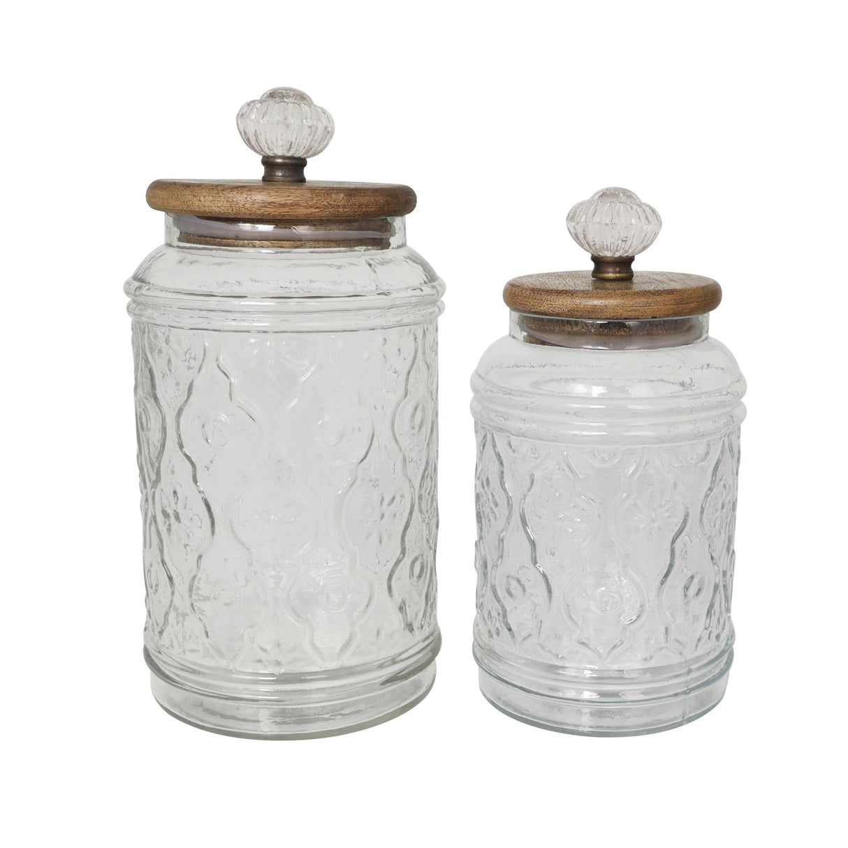 Deco 79 Glass Floral Living Room Decorative Jars Decorative Container with Brown Wooden Lids and Antique Style Knobs, Set of 2 Jar with Lid 9", 8"H, Clear Deco 79