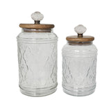 Deco 79 Glass Floral Living Room Decorative Jars Decorative Container with Brown Wooden Lids and Antique Style Knobs, Set of 2 Jar with Lid 9", 8"H, Clear Deco 79