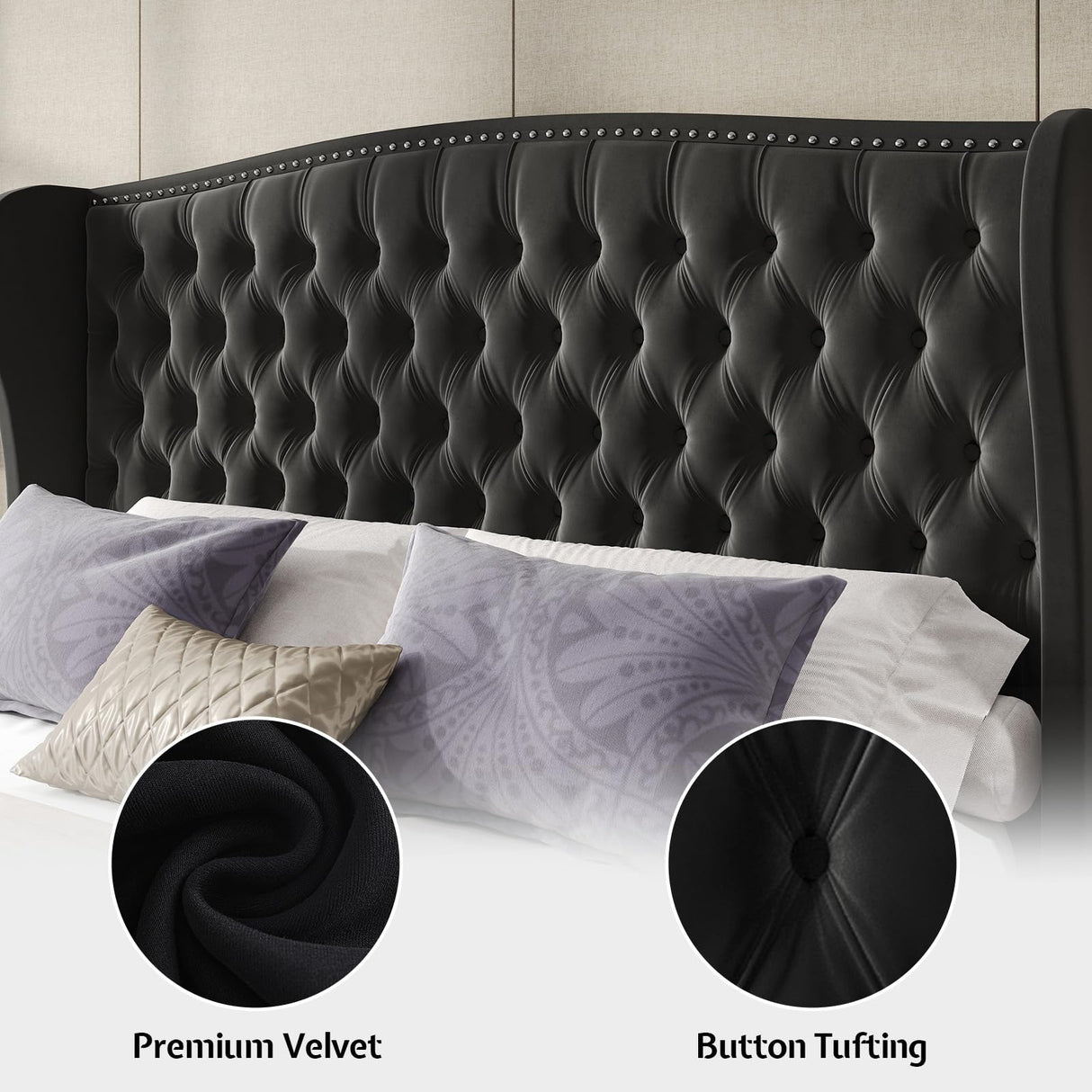 LUXOAK Adjustable King Bed Frame with Tufted Headboard and Wingback, Smart Adjustable Bed Base with Dual Motor & Remote Control, Velvet Upholstered Electric Bed Head Incline/No Box Spring Needed/Black LUXOAK