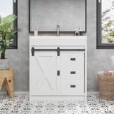 4ever2buy Farmhouse Bathroom Vanity with Sink, Bathroom Vanity Cabinet with 2 Drawers & Sliding Barn Door, White 4ever2buy