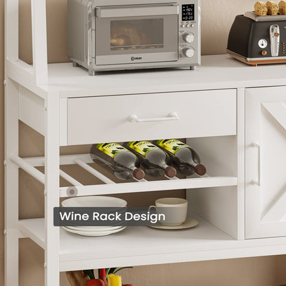 Itaar Farmhouse Baker's Rack with Coffee Bar, Wine Rack, Drawer and Hooks - White Microwave Stand - WoodArtSupply