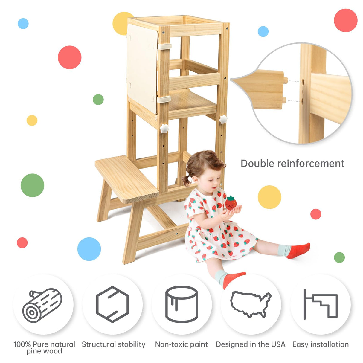 WOOD CITY Toddler Standing Tower, 3 Adjustable Heights Kids Kitchen Step Stool with CPC Certification, Equipped with Removable Safety Anti-Fall Net, Suitable for 18 Months and Up (Natural) WOOD CITY