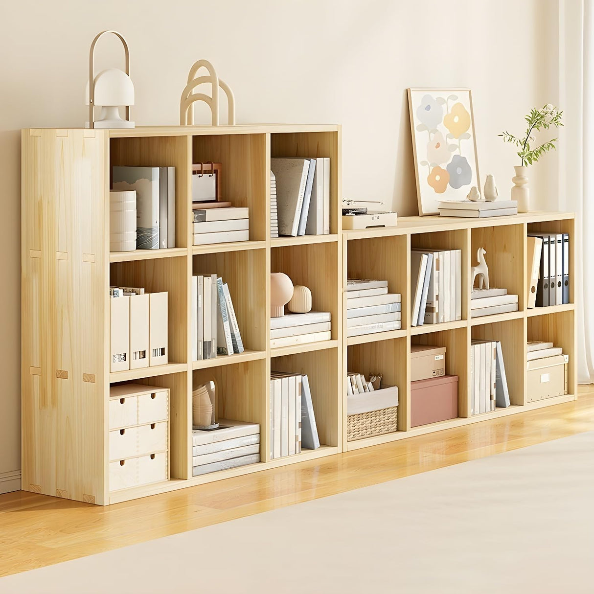 LITFAD Modern Solid Wood Cube Bookcase with Storage Shelves in Natural Finish – Perfect for Home Office and Study Rooms LITFAD