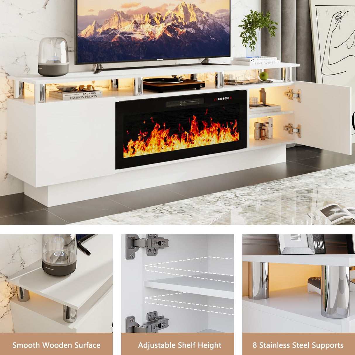 PRETZI Fireplace TV Stand with 36" Fireplace, 2 Tier 70" LED Entertainment Center with Fireplace for TVs Up to 80", Modern Wood TV Media with Storage Cabinets for Living Room, White PRETZI