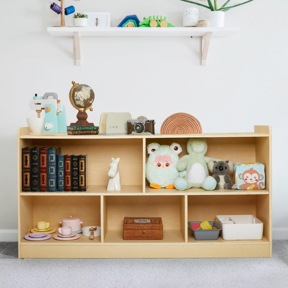 PTINFLUCE Wooden Montessori Shelf - 5-Section Toy and Book Storage Organizer for Kids Rooms PTINFLUCE