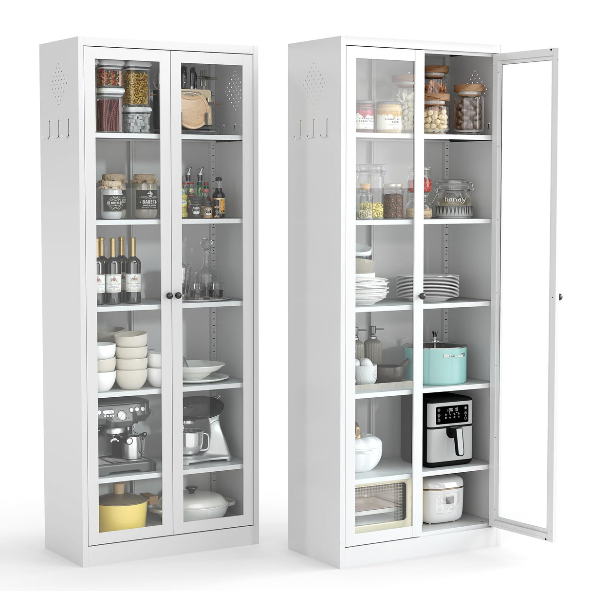FLIXELIO Display Cabinet with Glass Doors 71" Tall Metal Kitchen Storage Pantry with Adjustable Shelves, Curio Storage Cabinet for Kitchen, Dining Room, Garage, Assembly Required FLIXELIO
