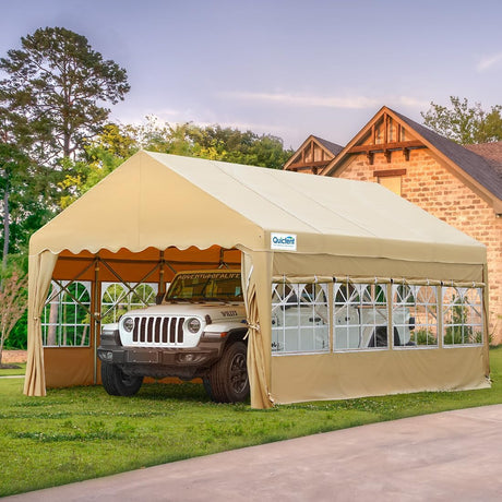 Quictent 13'X20' Retractable Party Tent with Wheels Movable Heavy Duty Carport Garage with Transparent Windows and Curtains Quictent