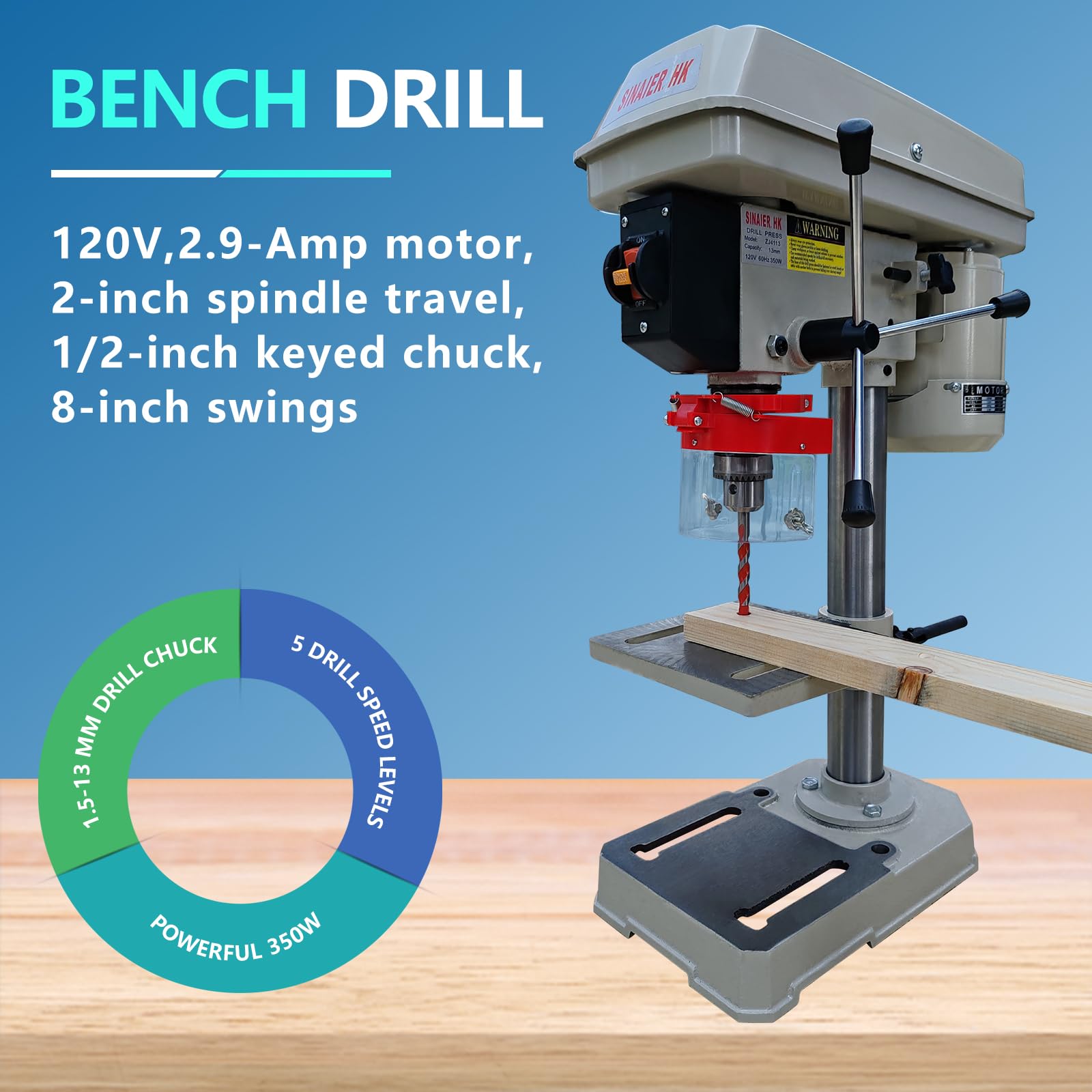 Drill Press, Benchtop Drill Press, High-Performance 8 Inch 5 Speed Benchtop Drill Press,0-45° Tiltling Tabletop Drilling,2.9 Amp for Wood, Metal, and Plastic (8 Inch) - WoodArtSupply