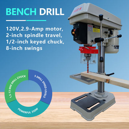 Drill Press, Benchtop Drill Press, High-Performance 8 Inch 5 Speed Benchtop Drill Press,0-45° Tiltling Tabletop Drilling,2.9 Amp for Wood, Metal, and Plastic (8 Inch) - WoodArtSupply