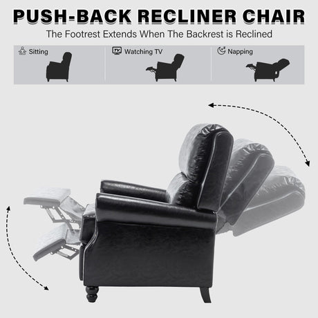 UIXE Pushback Recliner Chairs Set of 2, PU Leather Armchair Push Back Accent Chair, Rivet Trim Club Chair Home Theater Overstuffed Single Sofa Reading Seat for Living Room, Black UIXE
