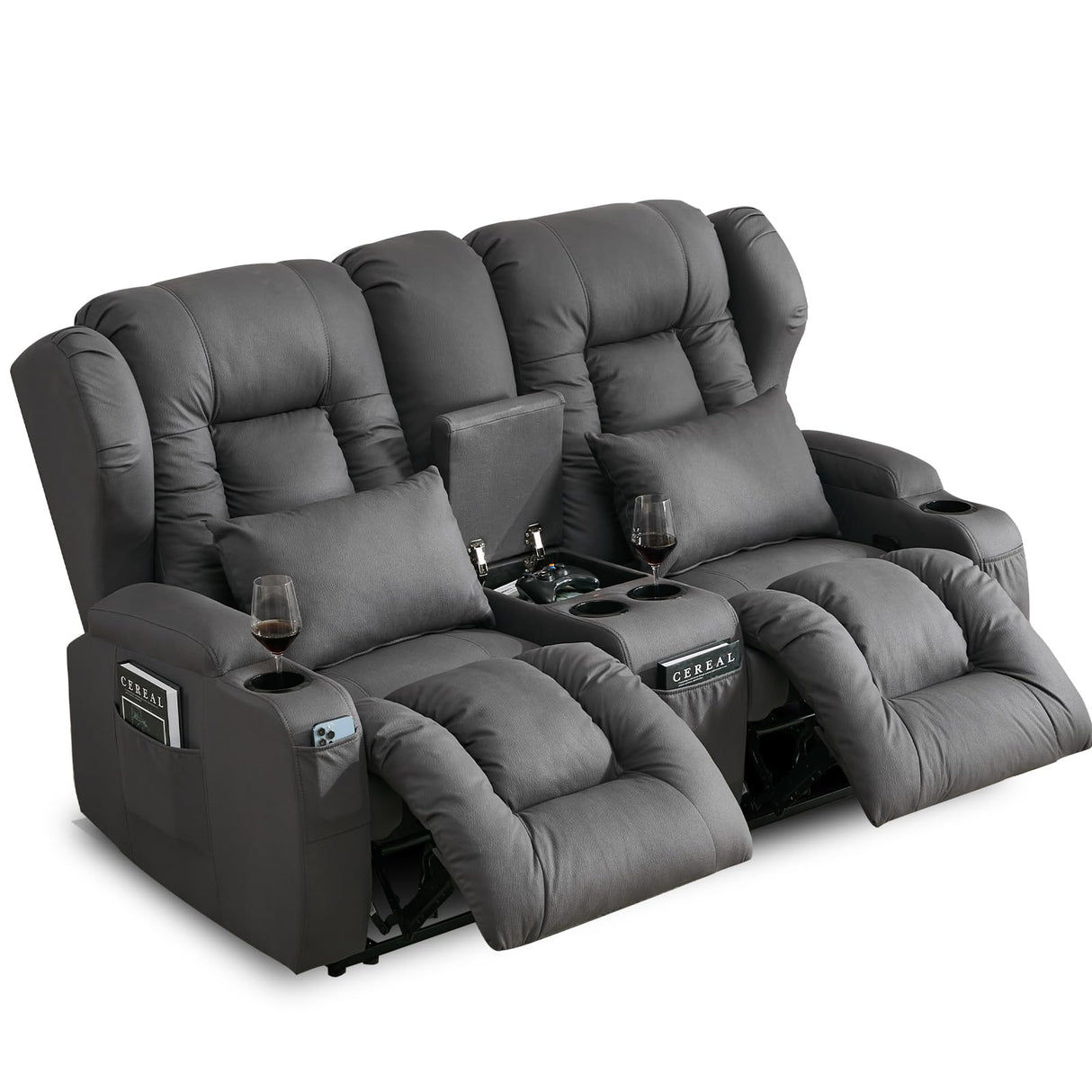 SAMERY 65.5" RV Loveseat Recliner Double Recliner RV Sofa & Console | Wall Hugger Loveseat Reclining RV | RV Theater Seats | RV Couch | RV Home Theater Seating Furniture (Fabric Gray) SAMERY
