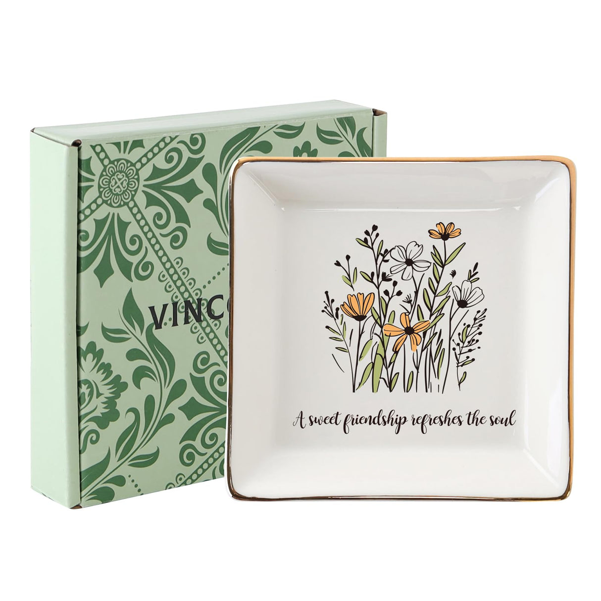 VINCOMIC Friendship Christmas Gifts for Women Friends, Ring Trinket Dish, Jewelry Tray-A Sweet Friendship Refreshes the Soul, Ceramic White VINCOMIC