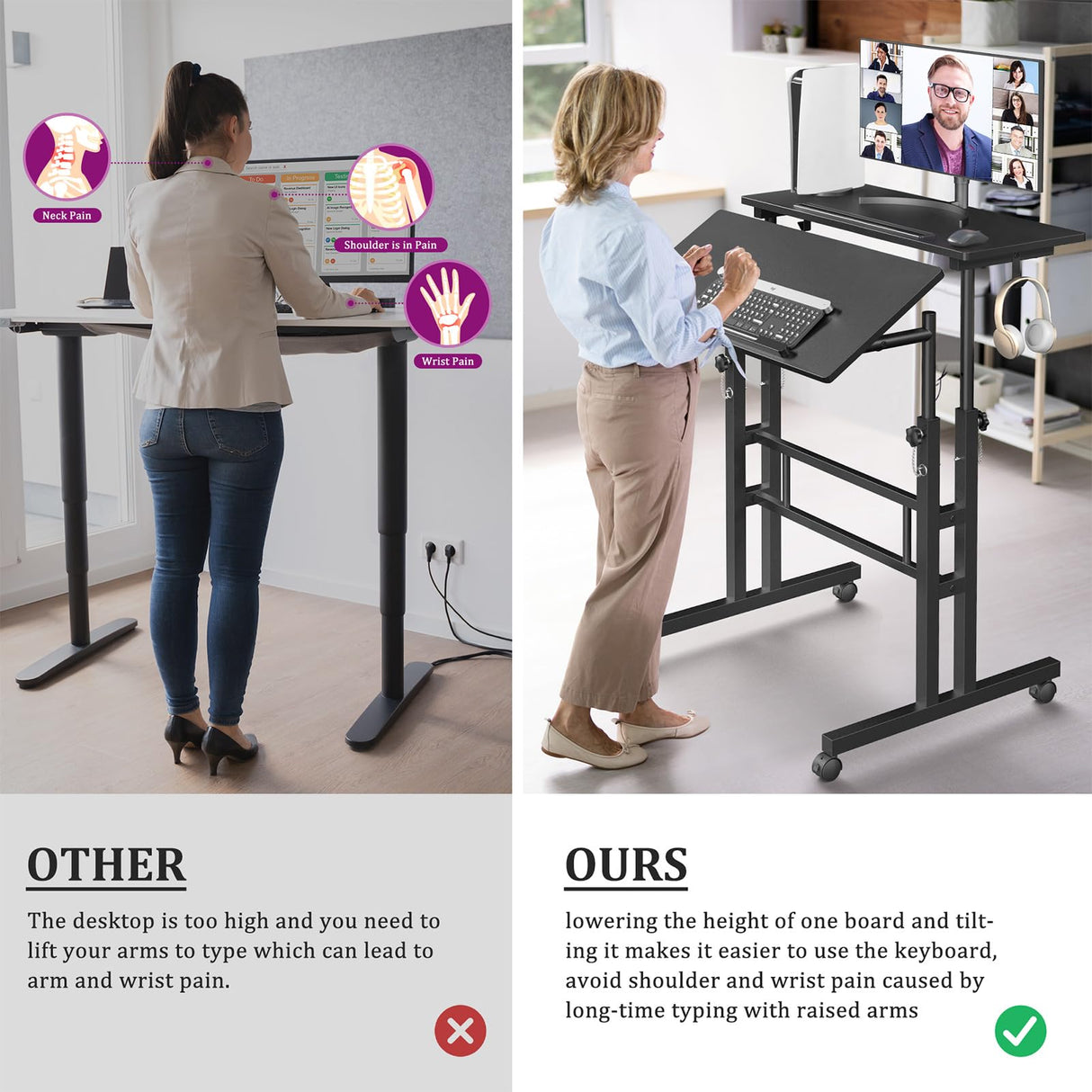 Enayplon Small Standing Desk with Wheels, Mobile Stand Up Desk, Portable Standing Table on Wheels for Walking Pad, Rolling Computer Desk Adjustable Height, Tall Table Enayplon