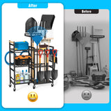 NADAMOO Garden Tool Organizer with Rolling Wheel, 3-tier Metal Shelf Yard Tool Holder, Utility Stand Rack for Garage Organization and Storage, Hold Long-Handled Rakes, Shovel, Broom NADAMOO