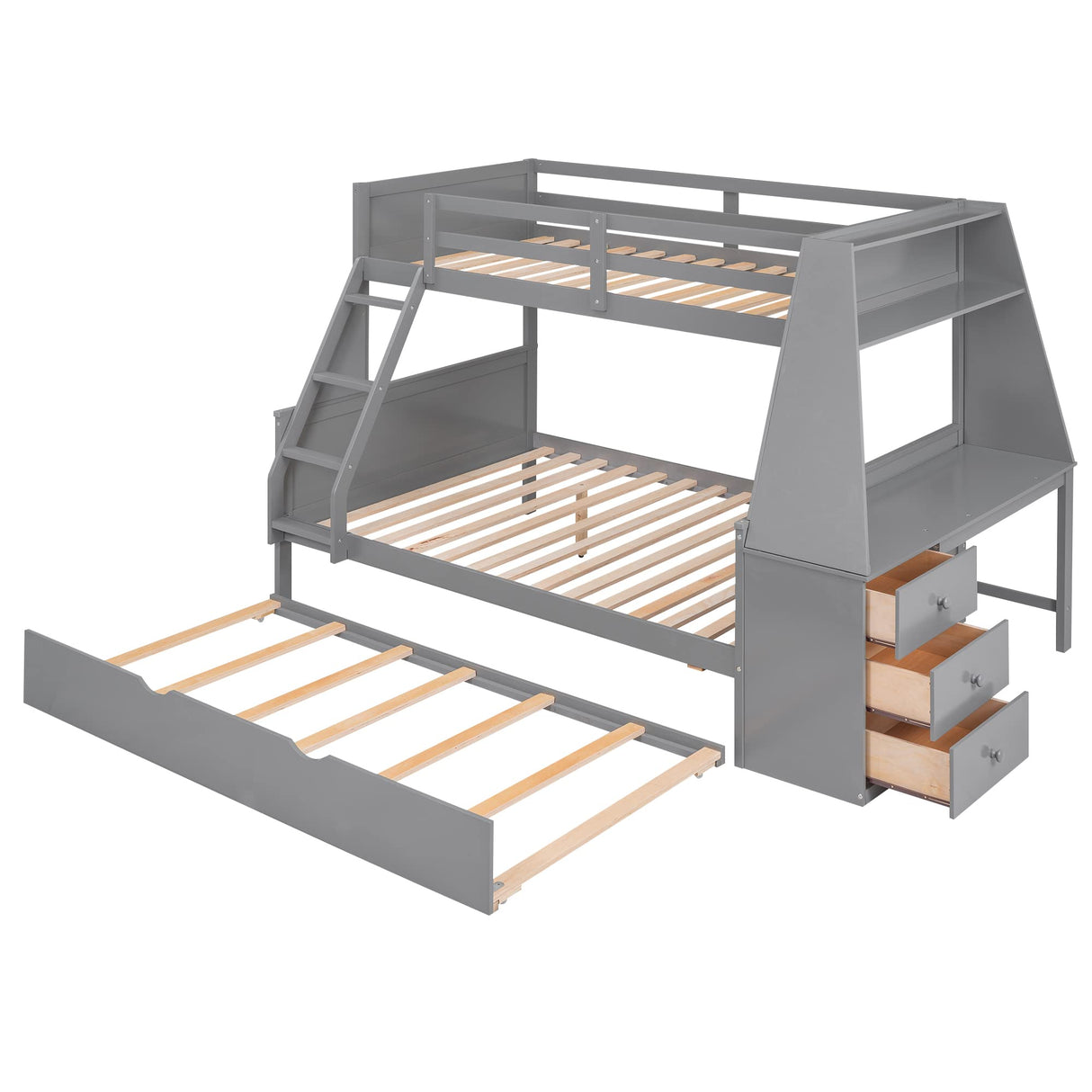 Harper & Bright Designs Twin Over Full Bunk Beds with Desk and Trundle, Wood Bunk Beds with Storage Drawers and one Shelves, No Box Spring Needed (Gray) Harper & Bright Designs