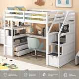 Merax Twin Loft Bed with Stairs and Desk, Solid Wood Loft Bed with Storage Stairs, Stairway High Loft Bed Frame with Storage Steps for Kids Teens Juniors, White Merax
