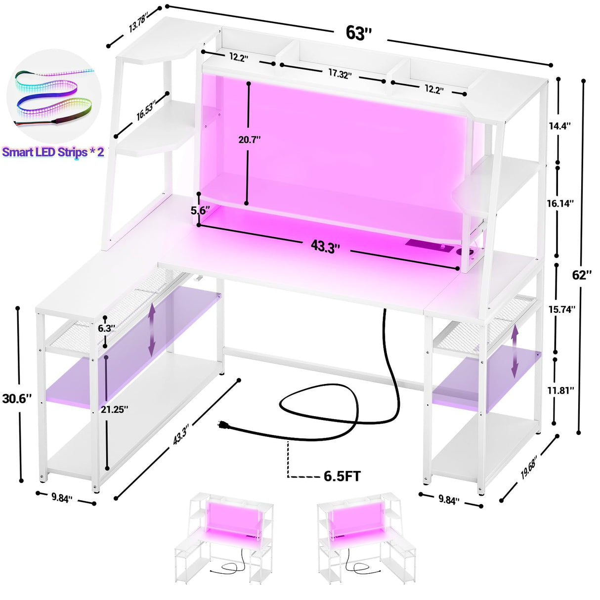 armocity L Shaped Gaming Desk with LED Lights & Power Strips, 63'' Reversible Gaming Table Desk with Hutch, L-shaped PC Gaming Desk with Storage, L Gamer Desk with Monitor Stand & Hook, White armocity