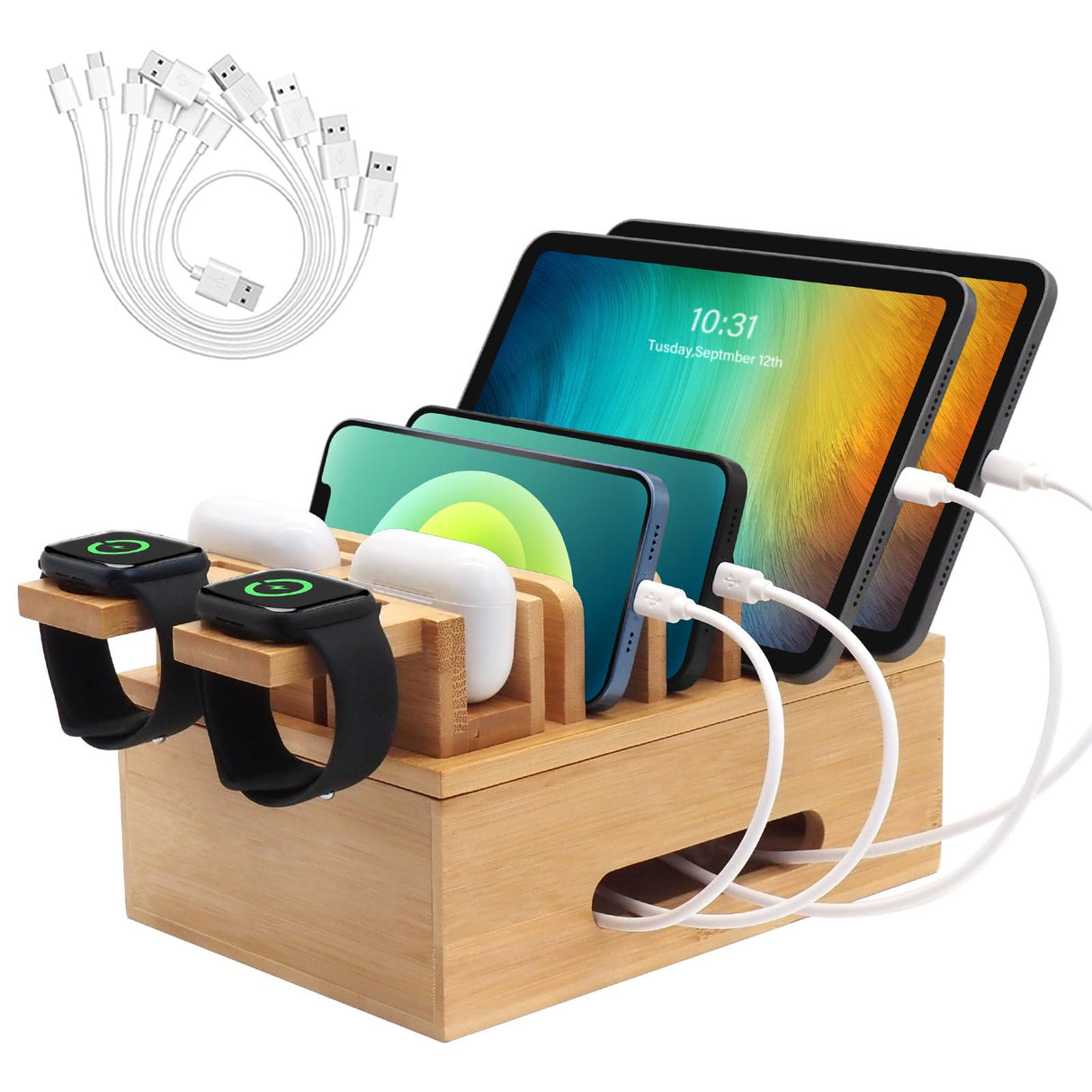 Bamboo Charging Stations for Multi Devices, Wood Desktop Docking Station Charger Organizer for Cell Phones, Tablets, Earphones, Watch (Includes 6 Charging Cables) (No Power Supply) Deefielly