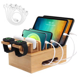 Bamboo Charging Stations for Multi Devices, Wood Desktop Docking Station Charger Organizer for Cell Phones, Tablets, Earphones, Watch (Includes 6 Charging Cables) (No Power Supply) Deefielly