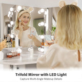 Corner Makeup Vanity Desk with Mirror and Lights - White Vanity Table with 3 Lighted Mirrors 5 Drawers Bedroom Makeup Table with Storage Shelf 44'' Dressing Table for Women Girls Soldow