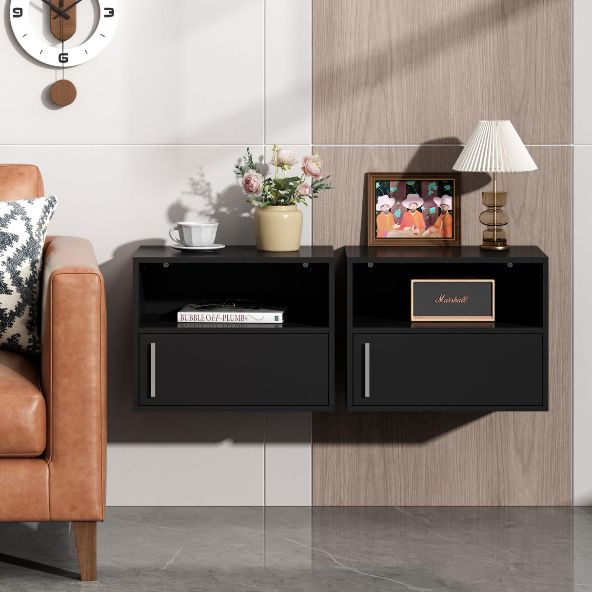 JAXPETY Wall Floating Nightstand Set of 2 Modern Side Table Wall Mounted Shelf with Cabinet Storage for Living Room, Bedroom, Dorm, Black JAXPETY