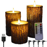 NICEME Rechargeable LED Pine Bark Flameless Candles with Timer Remote USB Cable, Brown Real Wax USB Candles Flickering Fireplace Cabin Decor Electric Fake Battery Pillar Bark Candles, D 3”×H 4”5”6” NICEME