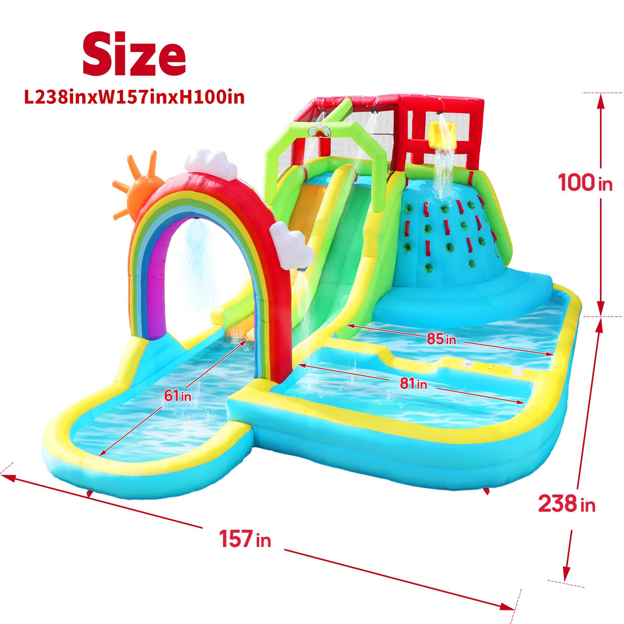 WELLFUNTIME Inflatable Water Double Slides Park with Blower, Bouncy Castle with Rainbow Water Curtain, with Shooting and Rock Climbing WELLFUNTIME