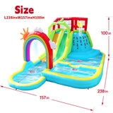 WELLFUNTIME Inflatable Water Double Slides Park with Blower, Bouncy Castle with Rainbow Water Curtain, with Shooting and Rock Climbing WELLFUNTIME
