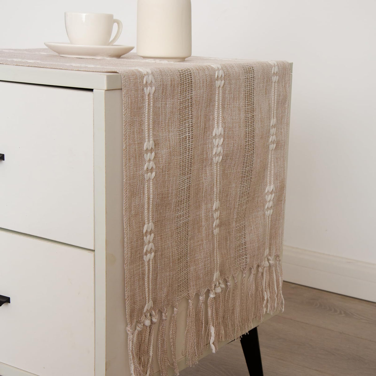 Hpxrom Rustic Small Linen Table Runner Farmhouse Burlap Boho Striped Table Runners Light Coffee Short Table Runner with Hand-Tassels for Dining Wedding Dresser and End Table Decor 14 x 36 Inches Hpxrom